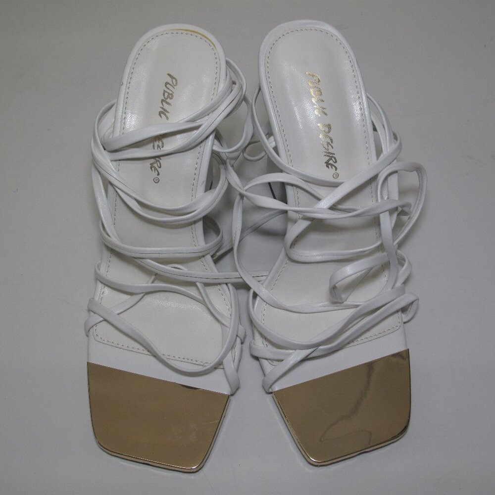 Public Desire White & Gold Square‑Toe Heeled Sandals – Size 7.5